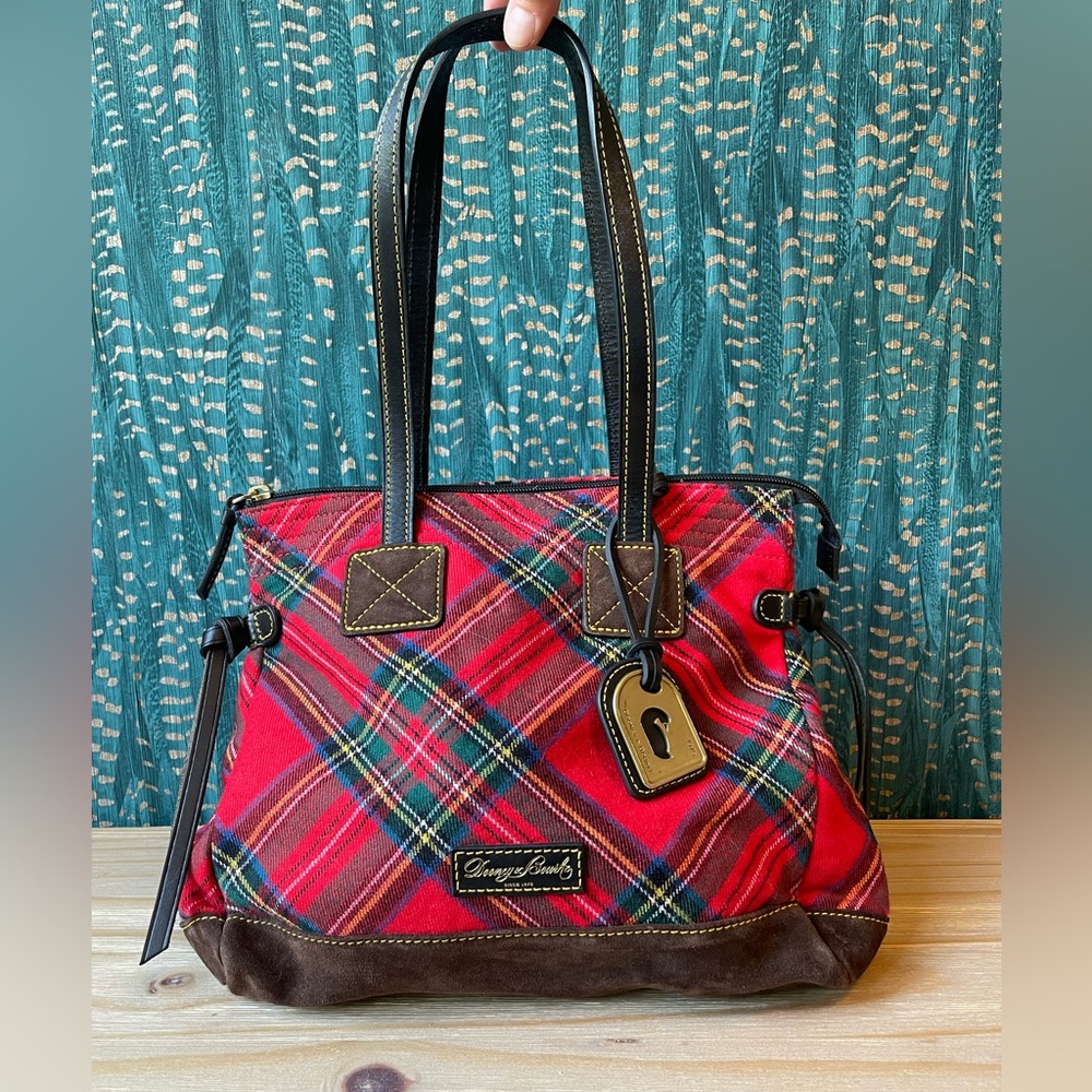 Red plaid cloth Dooney & Bourke shoulder bag with brown suede bottom